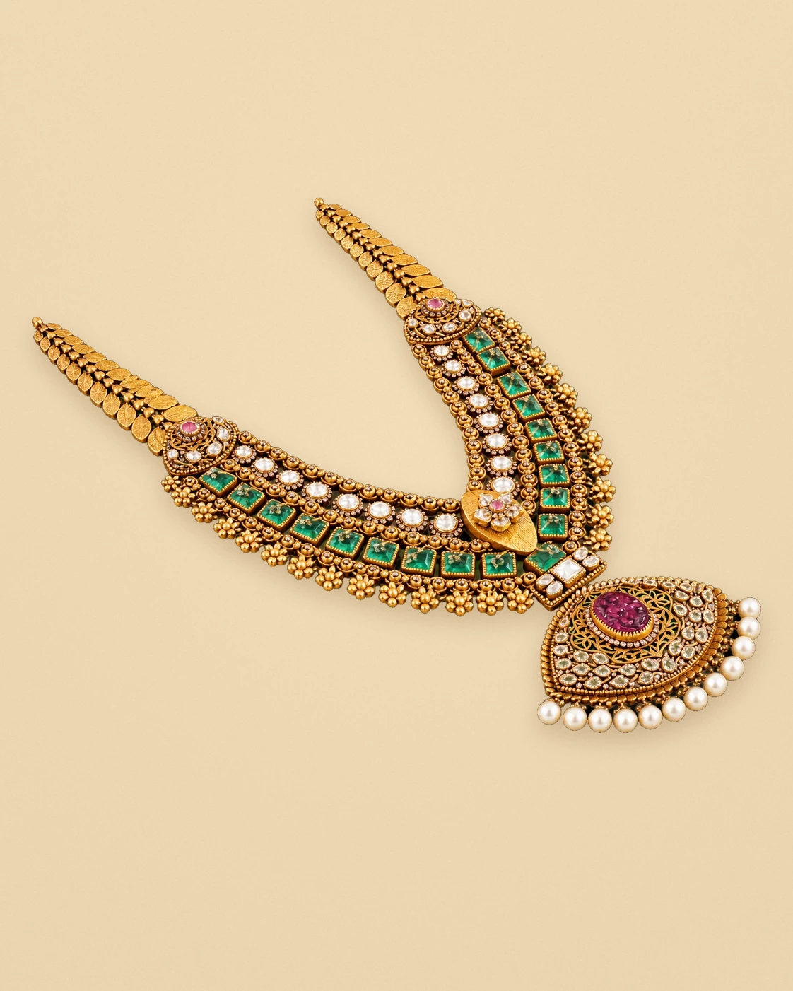 The Anantha Temple Haar — 22K Antique Gold, Step-Cut Emeralds, Polki & Basra-Style Pearls